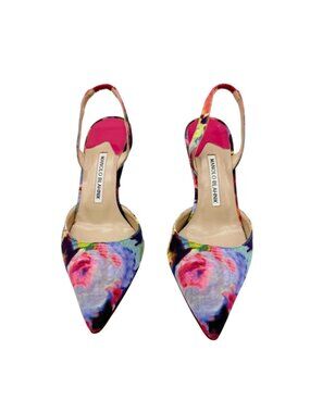 Manolo Blahnik Carolyne Floral Textile Mid-Heel Slingback Pumps - Size 39/ 9